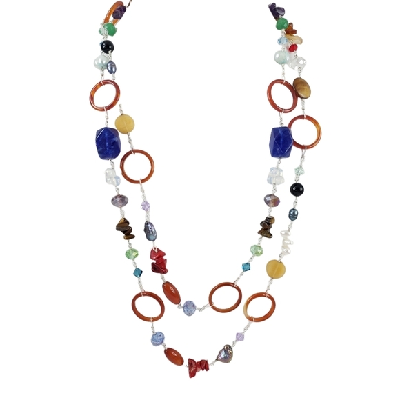 Long station necklace pearls carnelian lapis semi precious stones - Picture 2 of 8